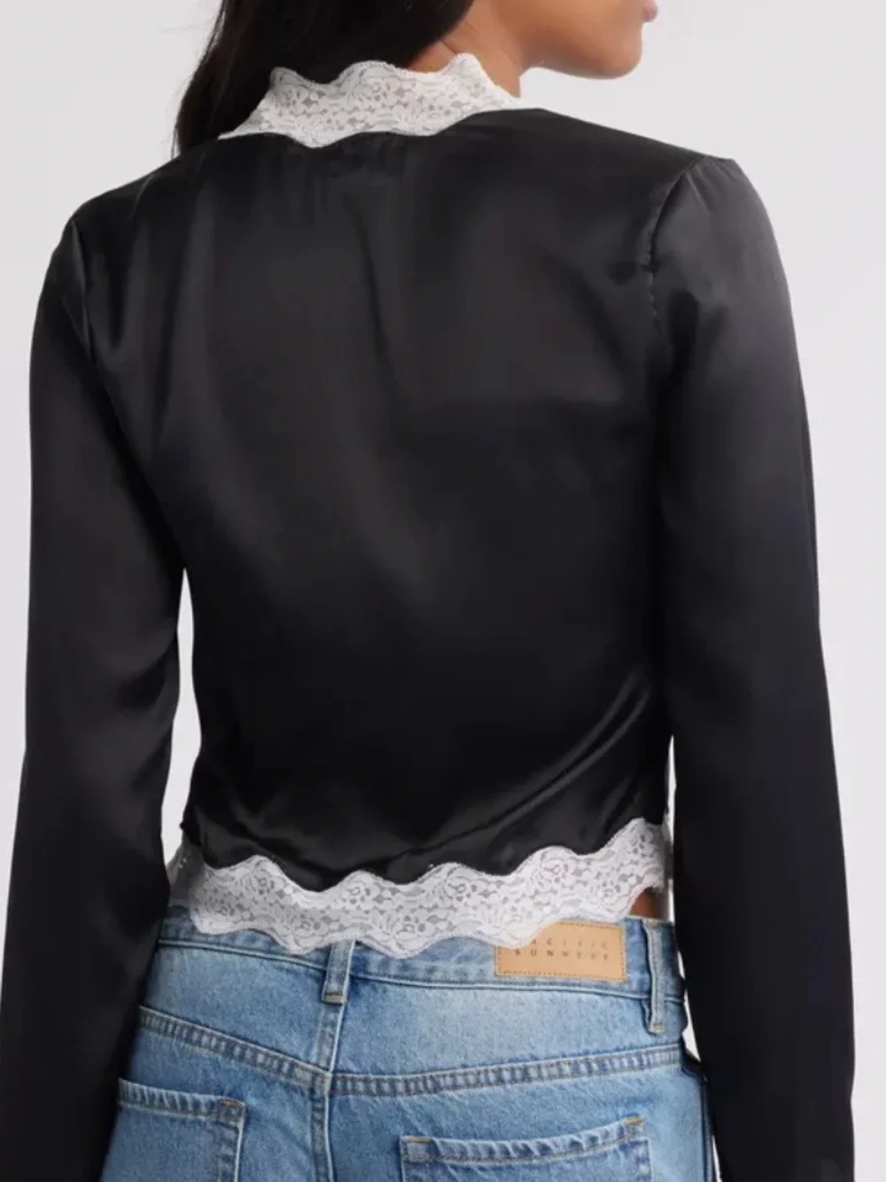 CUTE NWT Nasty Gal Black/White Satin Lace-Trim Tie Front Top. Lingerie look Sz M - Picture 3 of 5